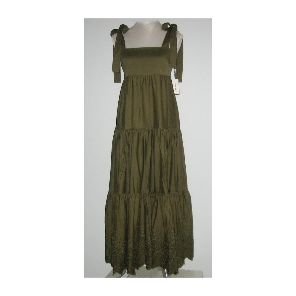 NWT JASON WU Stretch COTTON Embroidered Tiered Skirt MAXI Dress Olive M MSP $248